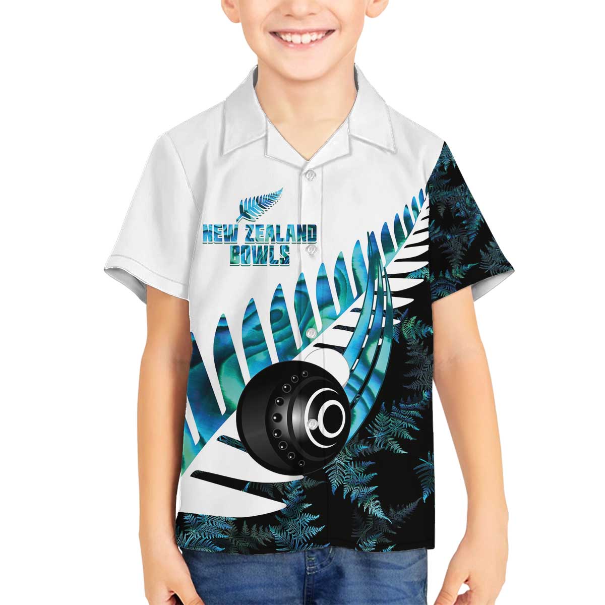 New Zealand Lawn Bowls Custom Family Matching Off The Shoulder Long Sleeve Dress and Hawaiian Shirt Aotearoa Silver Fern Paua Shell - Polynesian Pride