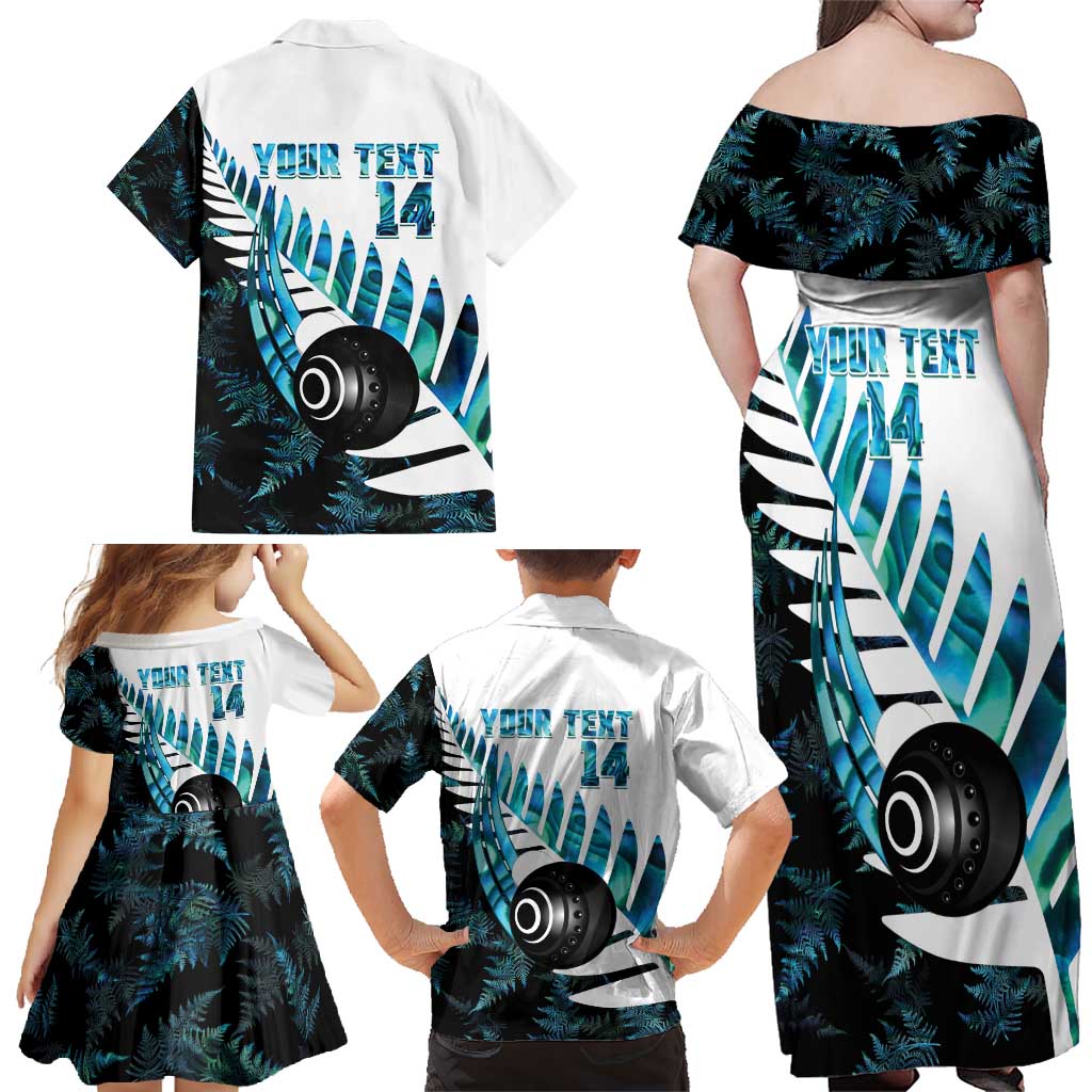 New Zealand Lawn Bowls Custom Family Matching Off Shoulder Maxi Dress and Hawaiian Shirt Aotearoa Silver Fern Paua Shell - Polynesian Pride