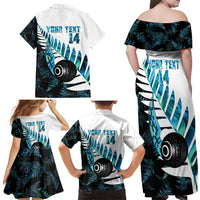 New Zealand Lawn Bowls Custom Family Matching Off Shoulder Maxi Dress and Hawaiian Shirt Aotearoa Silver Fern Paua Shell - Polynesian Pride