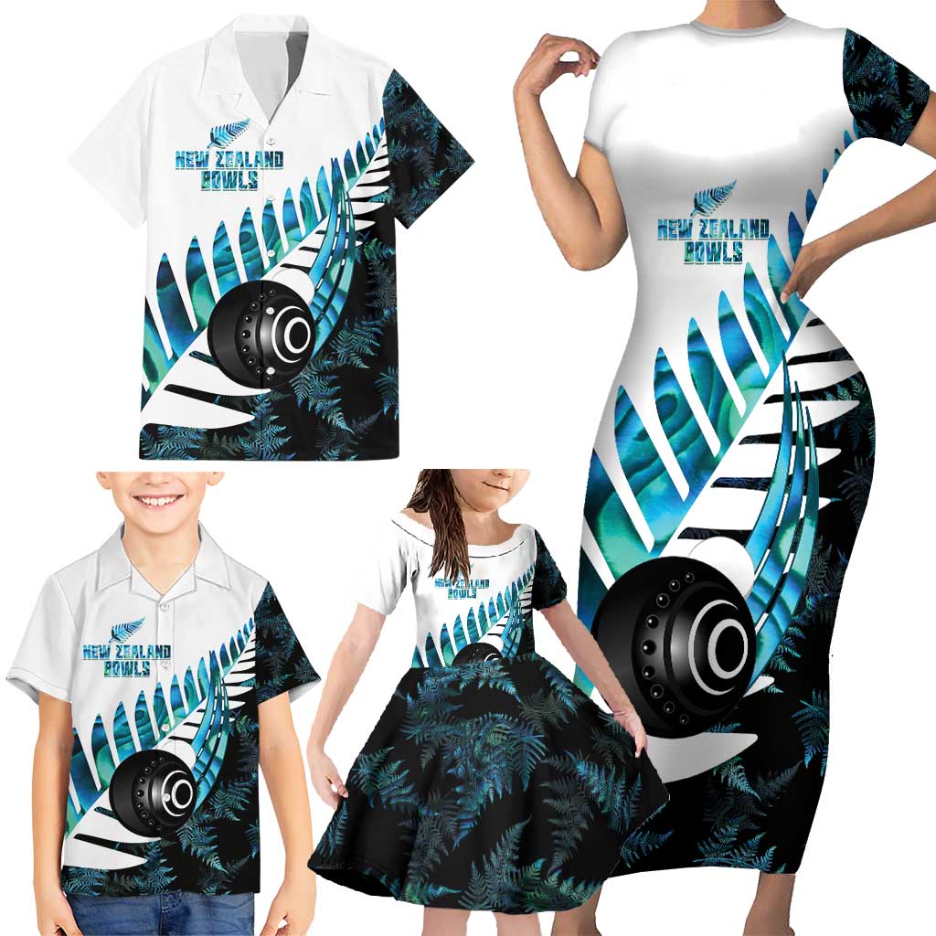 New Zealand Lawn Bowls Custom Family Matching Short Sleeve Bodycon Dress and Hawaiian Shirt Aotearoa Silver Fern Paua Shell - Polynesian Pride