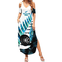 New Zealand Lawn Bowls Custom Family Matching Summer Maxi Dress and Hawaiian Shirt Aotearoa Silver Fern Paua Shell - Polynesian Pride