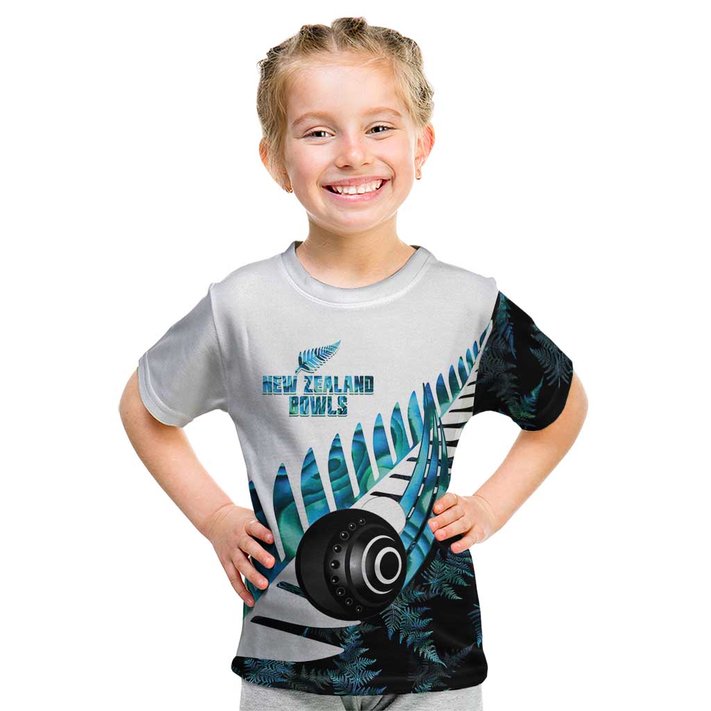 New Zealand Lawn Bowls Custom Kid T Shirt Aotearoa Silver Fern Paua Shell - Polynesian Pride