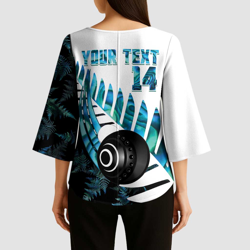New Zealand Lawn Bowls Custom Kimono Sleeve Blouse Aotearoa Silver Fern Paua Shell - Polynesian Pride