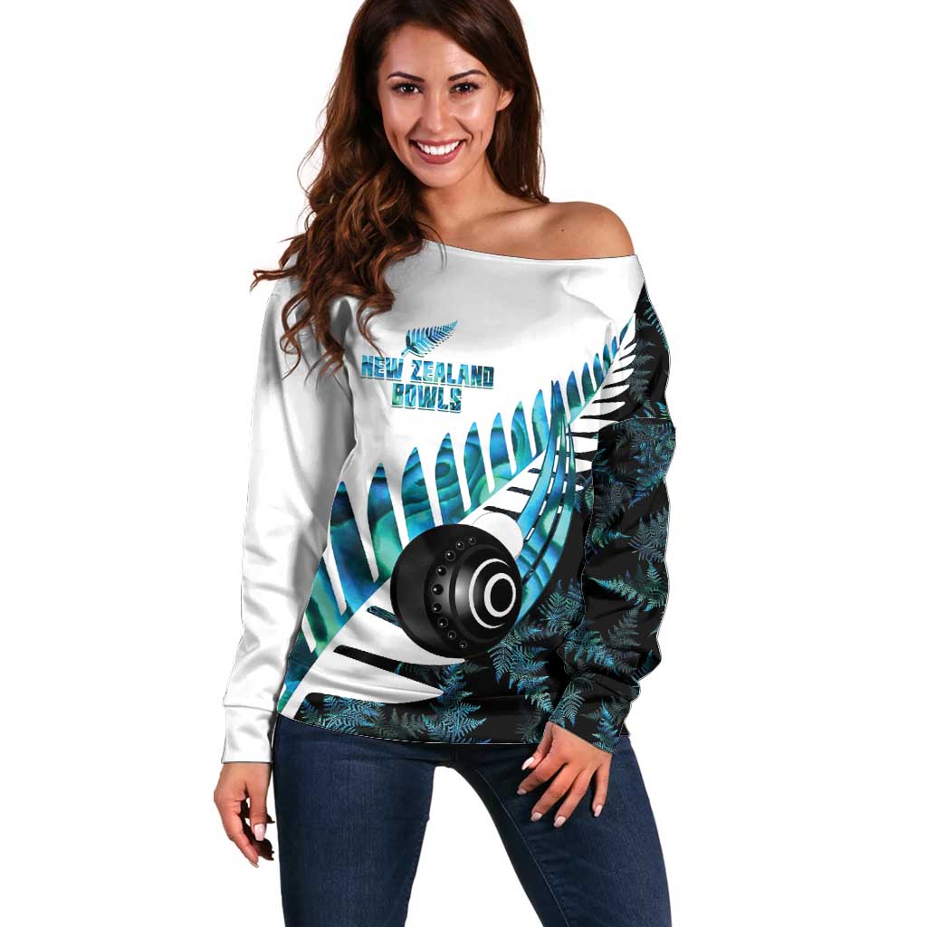 New Zealand Lawn Bowls Custom Off Shoulder Sweater Aotearoa Silver Fern Paua Shell - Polynesian Pride