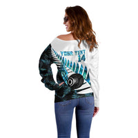 New Zealand Lawn Bowls Custom Off Shoulder Sweater Aotearoa Silver Fern Paua Shell - Polynesian Pride