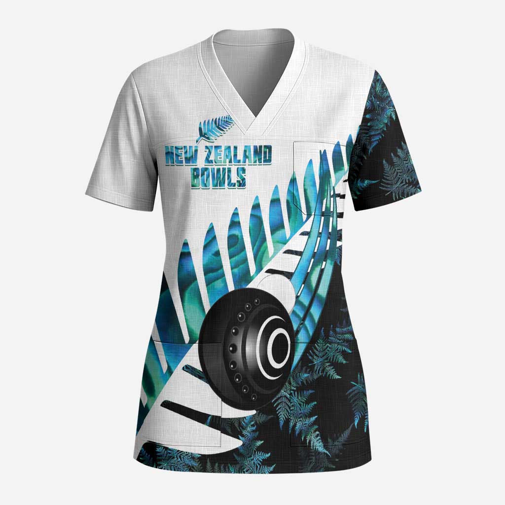 New Zealand Lawn Bowls Custom Scrub Top Aotearoa Silver Fern Paua Shell LT14 Adult Black - Polynesian Pride