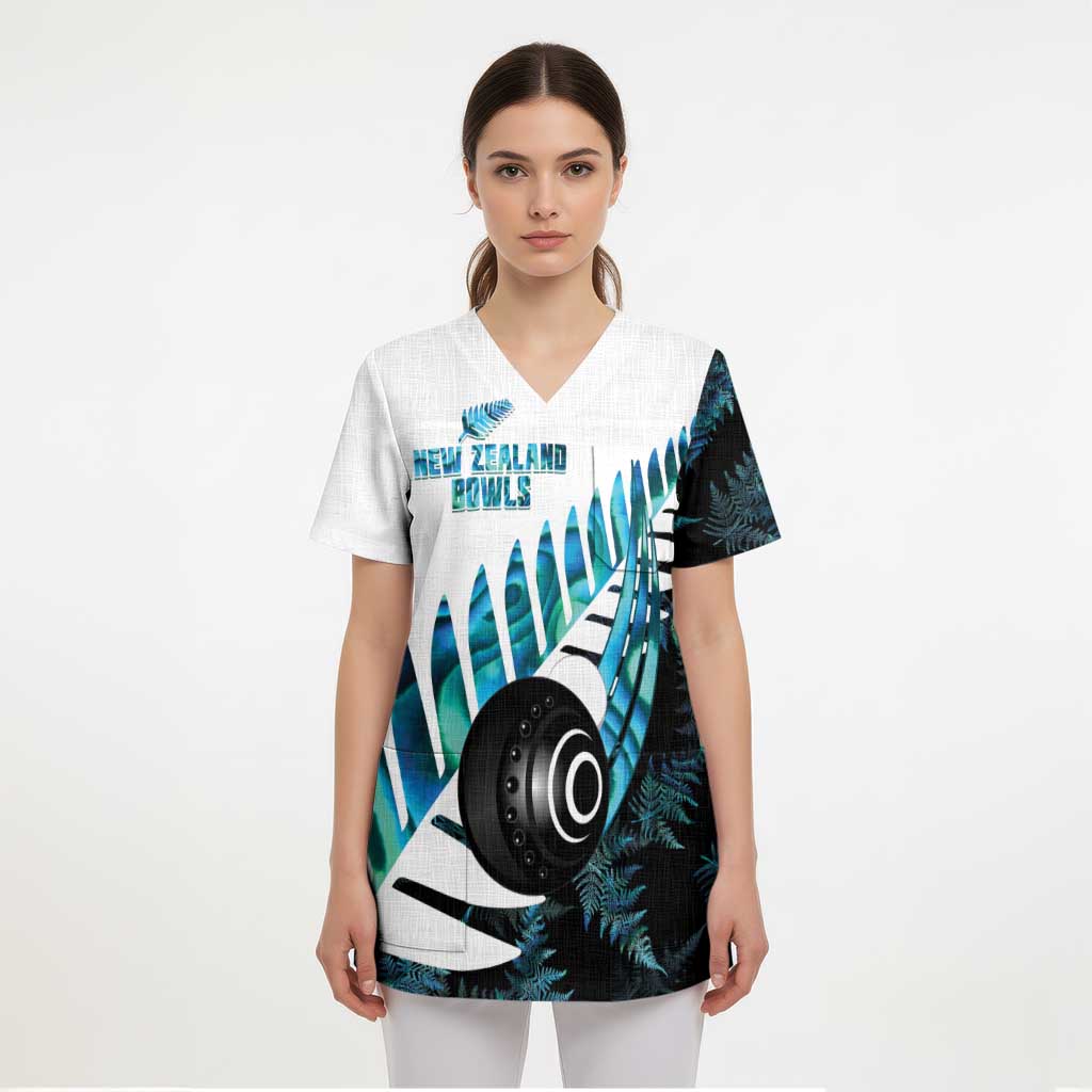 New Zealand Lawn Bowls Custom Scrub Top Aotearoa Silver Fern Paua Shell - Polynesian Pride