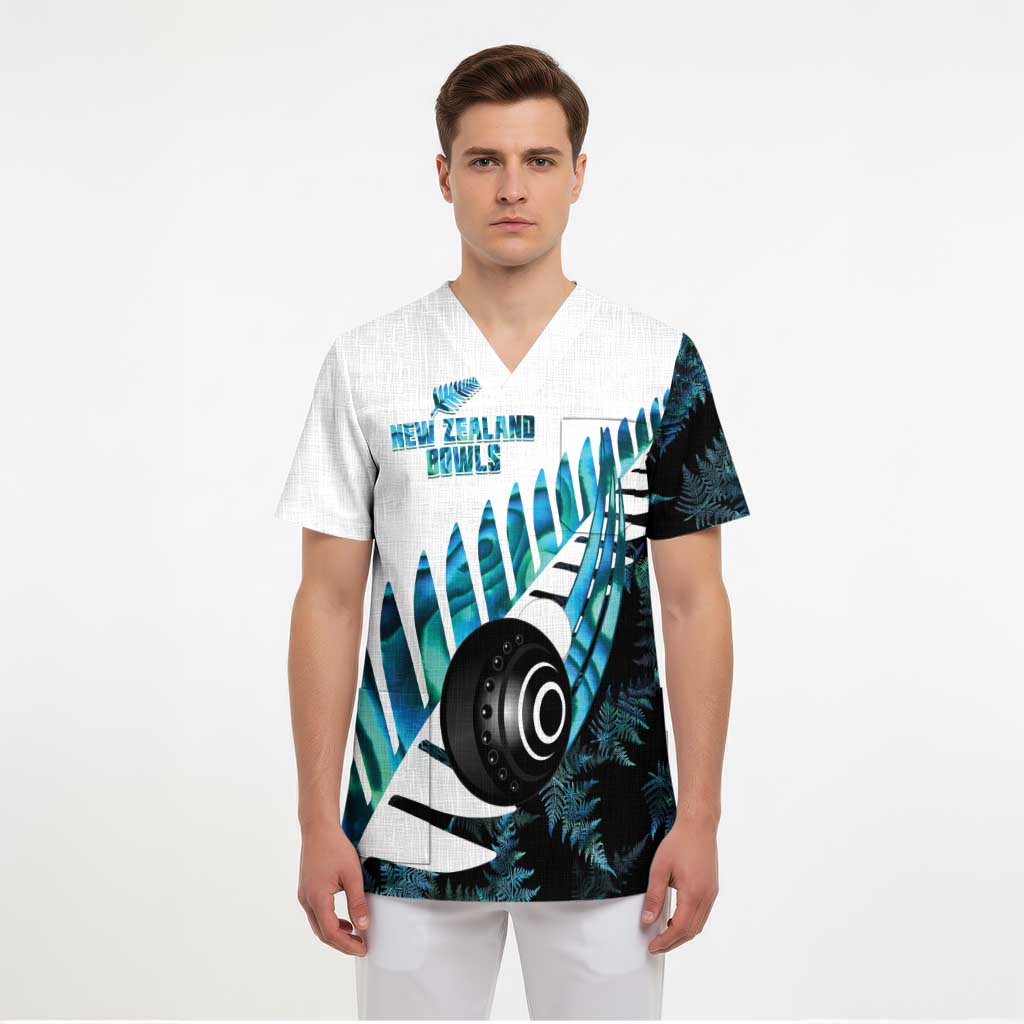 New Zealand Lawn Bowls Custom Scrub Top Aotearoa Silver Fern Paua Shell - Polynesian Pride