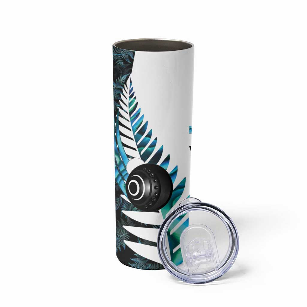 New Zealand Lawn Bowls Custom Skinny Tumbler Aotearoa Silver Fern Paua Shell - Polynesian Pride