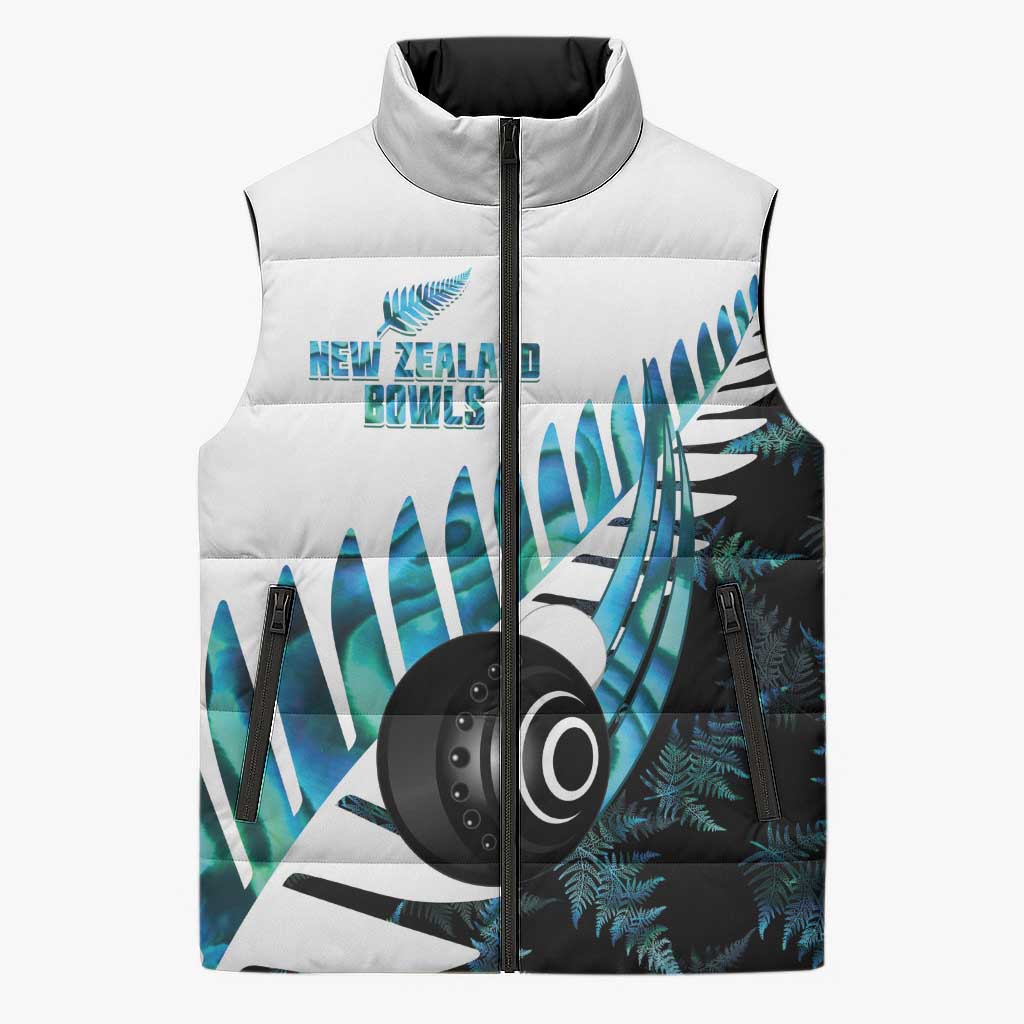 New Zealand Lawn Bowls Custom Sleeveless Puffer Jacket Aotearoa Silver Fern Paua Shell LT14 Unisex Black - Polynesian Pride