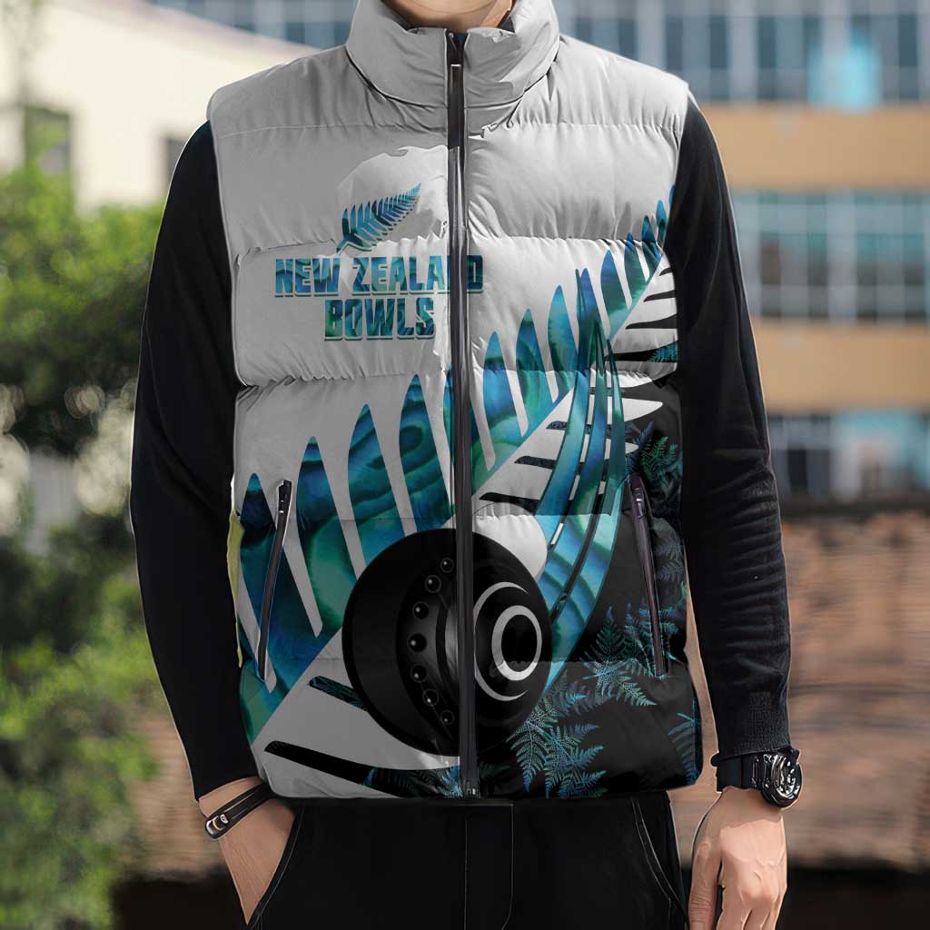New Zealand Lawn Bowls Custom Sleeveless Puffer Jacket Aotearoa Silver Fern Paua Shell - Polynesian Pride
