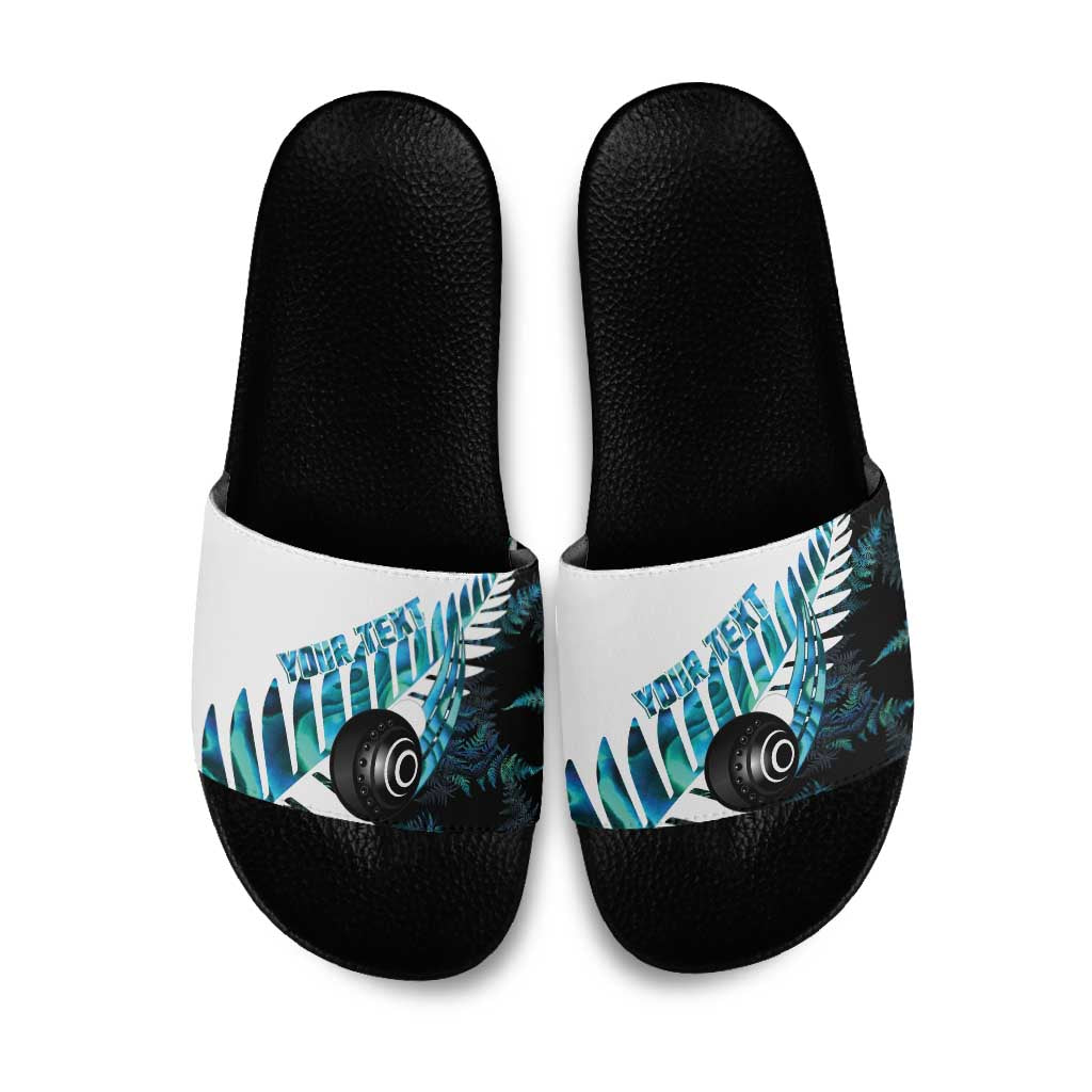 New Zealand Lawn Bowls Custom Slide Sandals Aotearoa Silver Fern Paua Shell LT14 Black - Polynesian Pride