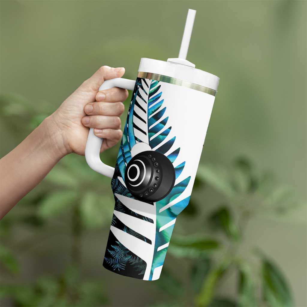 New Zealand Lawn Bowls Custom Tumbler With Handle Aotearoa Silver Fern Paua Shell - Polynesian Pride