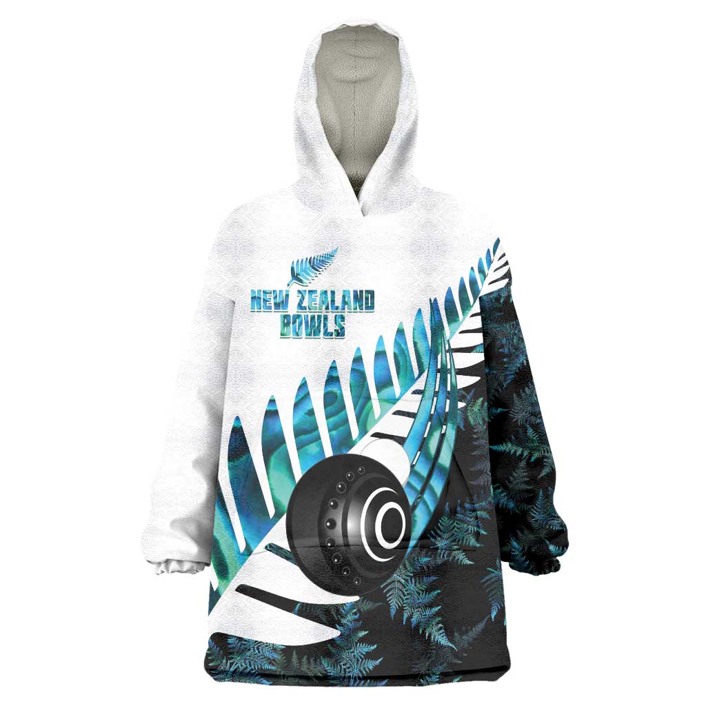 New Zealand Lawn Bowls Custom Wearable Blanket Hoodie Aotearoa Silver Fern Paua Shell - Polynesian Pride