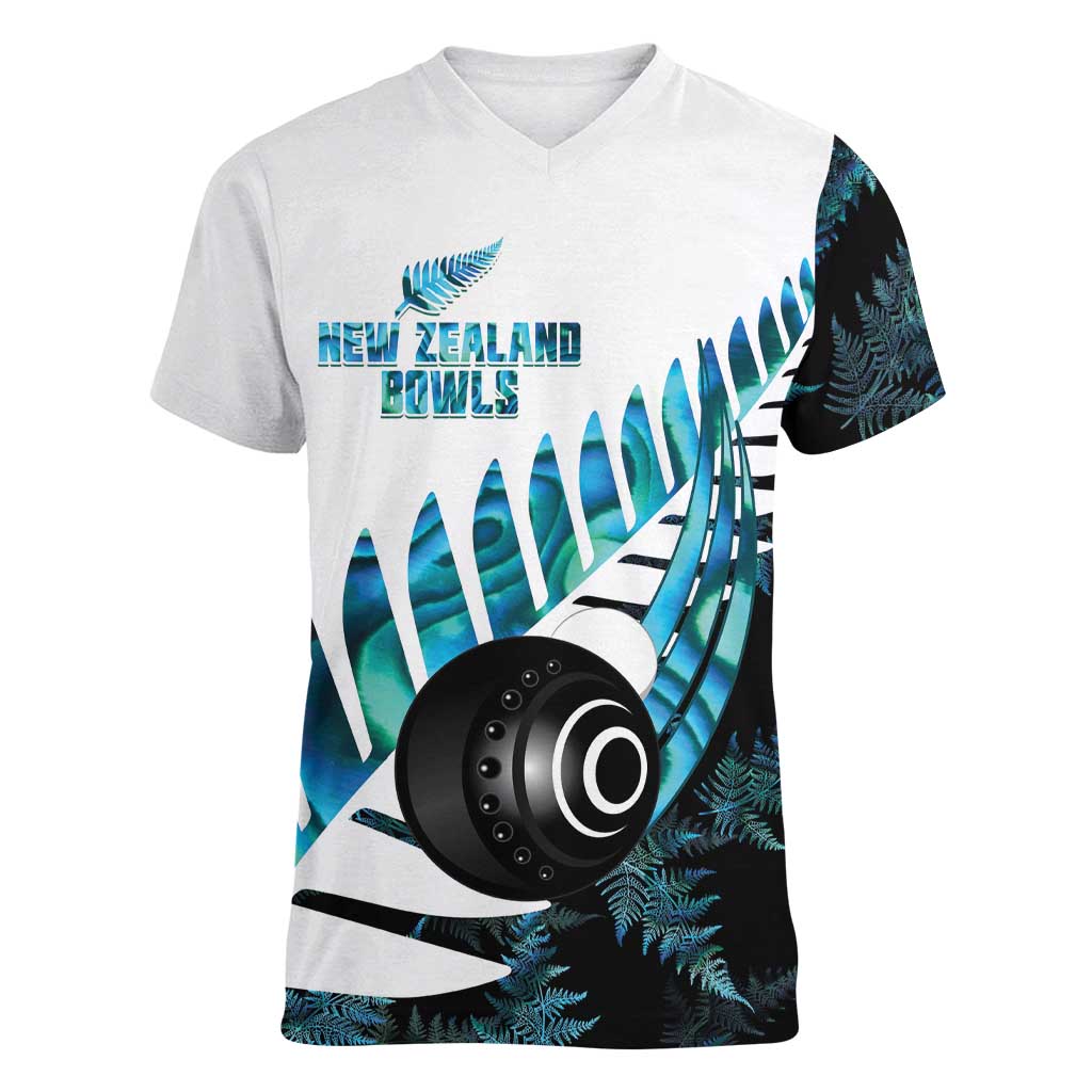 New Zealand Lawn Bowls Custom Women V-Neck T-Shirt Aotearoa Silver Fern Paua Shell - Polynesian Pride