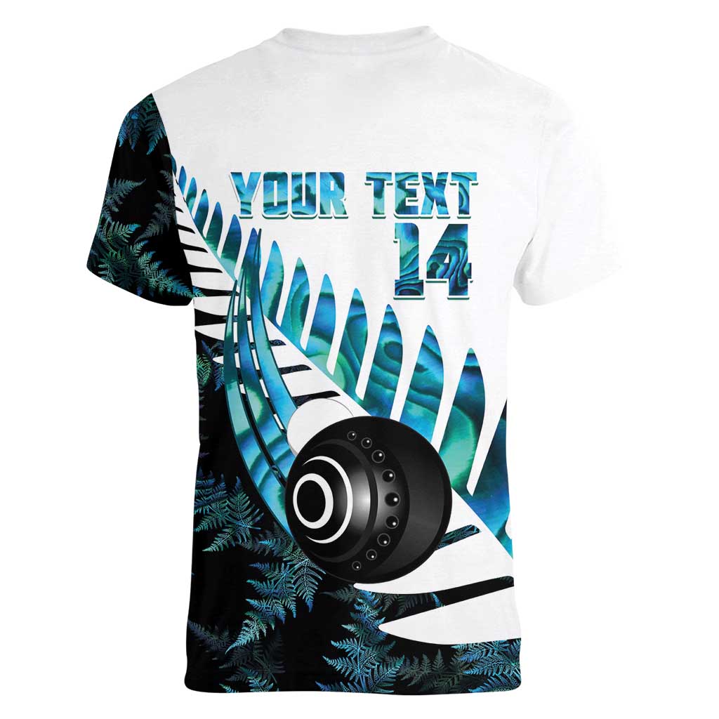 New Zealand Lawn Bowls Custom Women V-Neck T-Shirt Aotearoa Silver Fern Paua Shell - Polynesian Pride