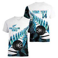 New Zealand Lawn Bowls Custom Women V-Neck T-Shirt Aotearoa Silver Fern Paua Shell - Polynesian Pride