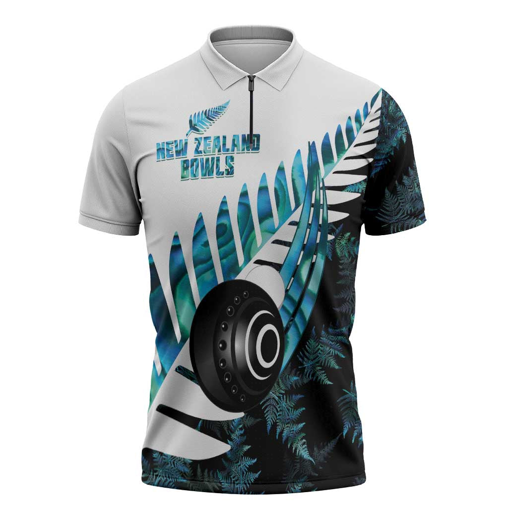 New Zealand Lawn Bowls Custom Zipper Polo Shirt Aotearoa Silver Fern Paua Shell - Polynesian Pride