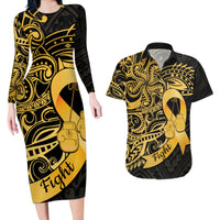 Polynesia Bone Cancer Awareness Couples Matching Long Sleeve Bodycon Dress and Hawaiian Shirt Fight Warriors
