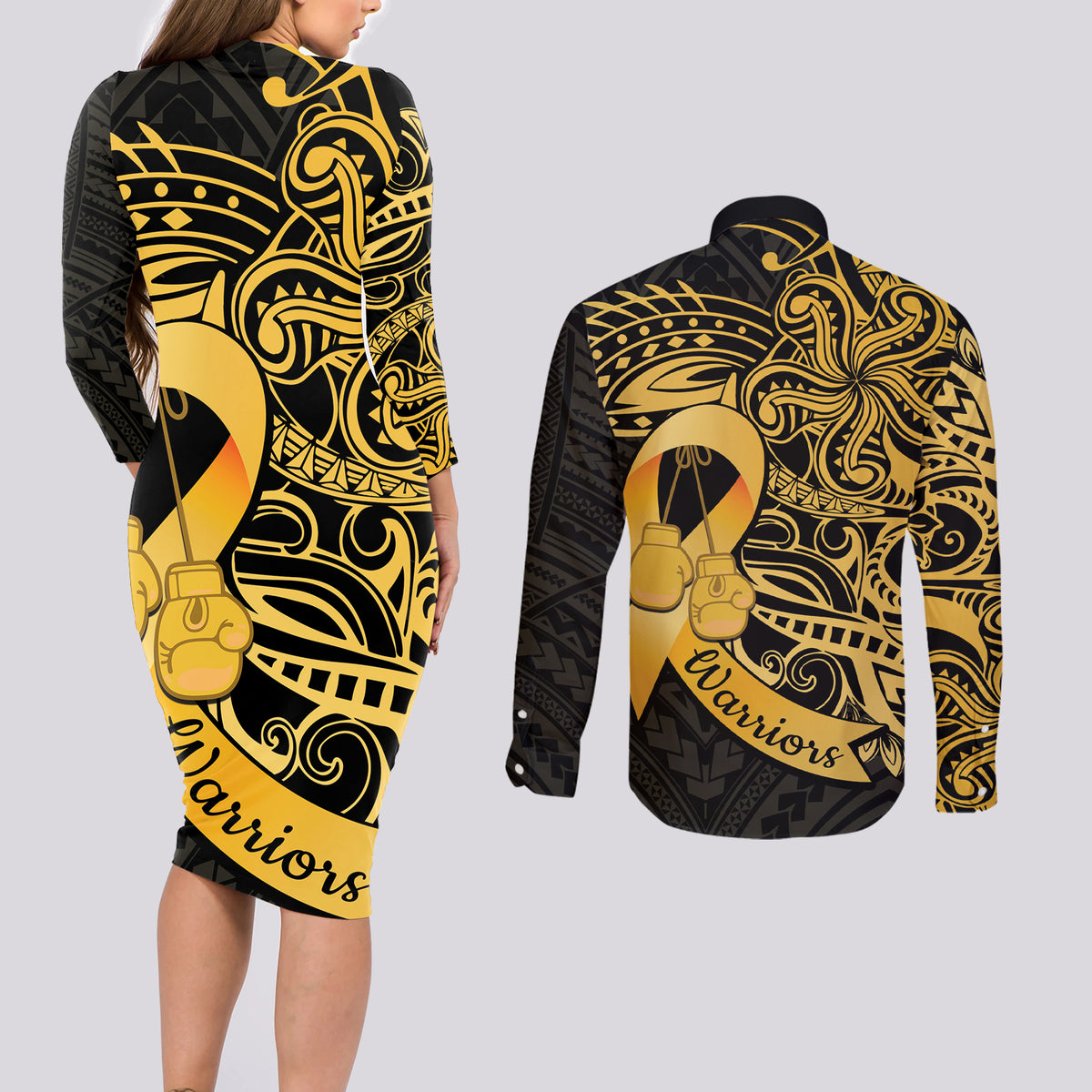 Polynesia Bone Cancer Awareness Couples Matching Long Sleeve Bodycon Dress and Long Sleeve Button Shirt Fight Warriors