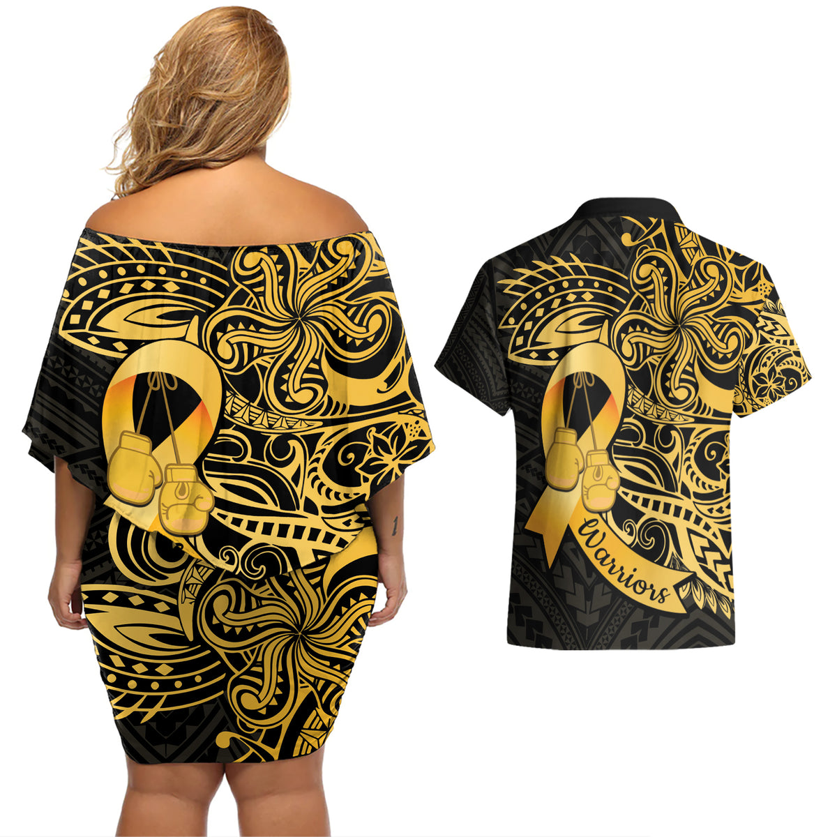 Polynesia Bone Cancer Awareness Couples Matching Off Shoulder Short Dress and Hawaiian Shirt Fight Warriors