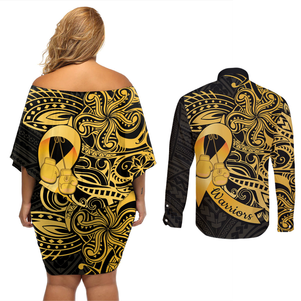 Polynesia Bone Cancer Awareness Couples Matching Off Shoulder Short Dress and Long Sleeve Button Shirt Fight Warriors
