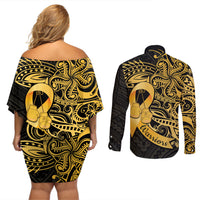 Polynesia Bone Cancer Awareness Couples Matching Off Shoulder Short Dress and Long Sleeve Button Shirt Fight Warriors