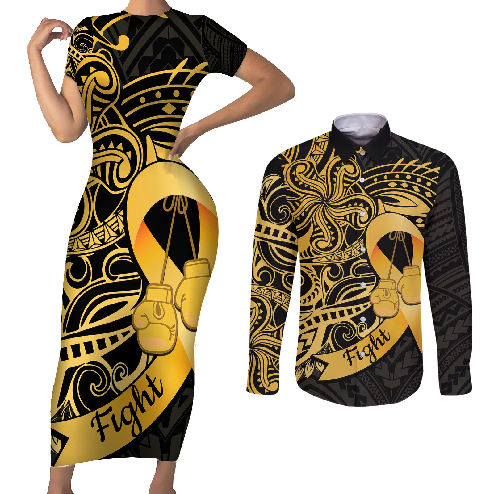 Polynesia Bone Cancer Awareness Couples Matching Short Sleeve Bodycon Dress and Long Sleeve Button Shirt Fight Warriors