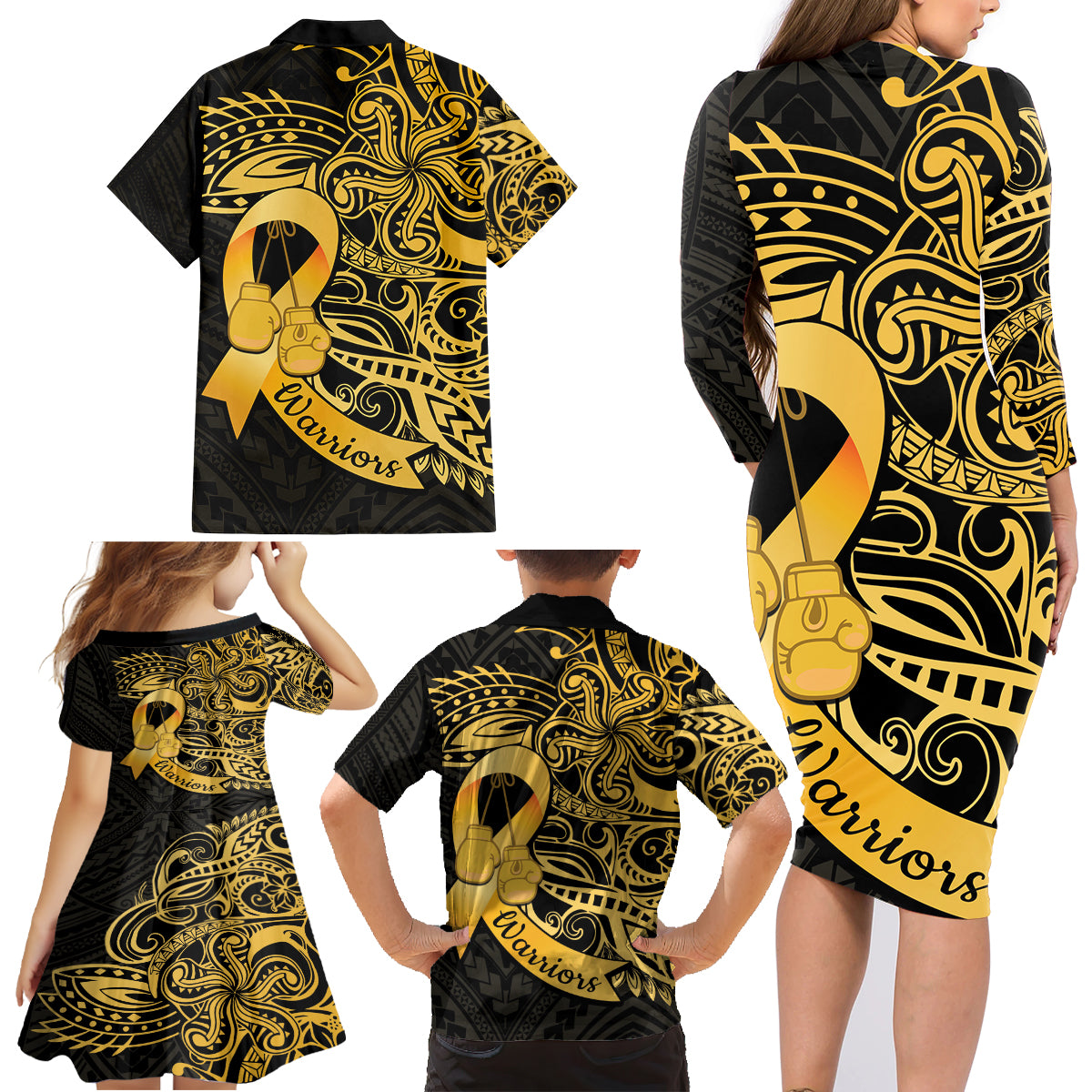 Polynesia Bone Cancer Awareness Family Matching Long Sleeve Bodycon Dress and Hawaiian Shirt Fight Warriors