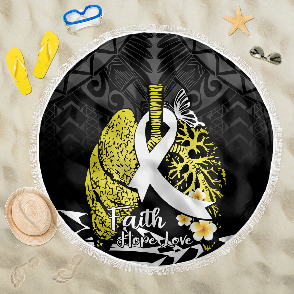 Polynesia World Lung Cancer Day Beach Blanket Faith Hope Love LT14 One Size 150cm Black - Polynesian Pride
