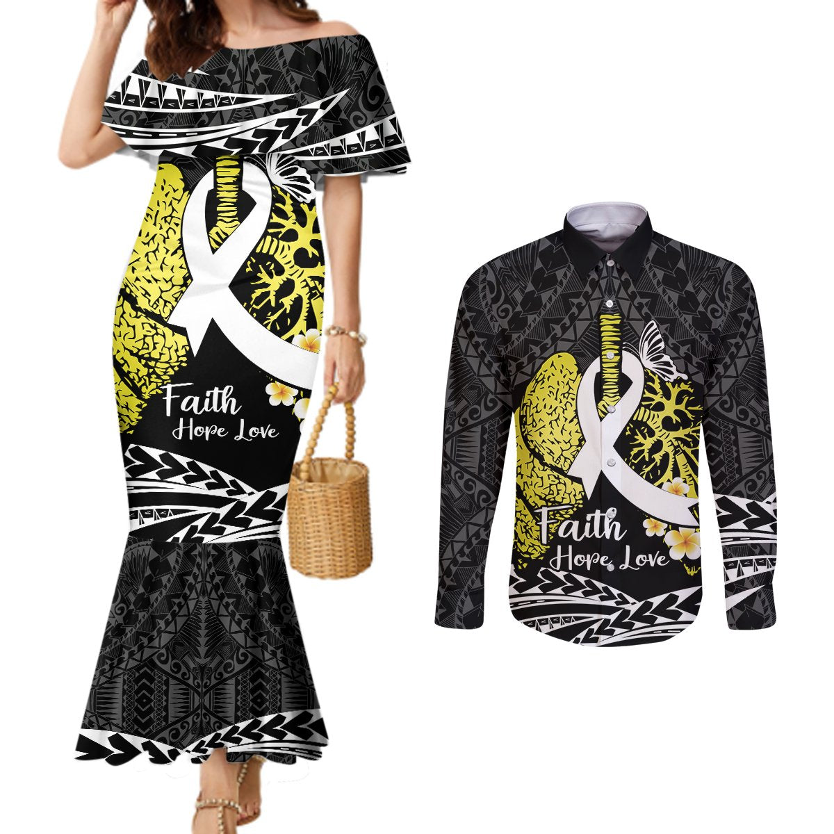 Personalised Polynesia World Lung Cancer Day Couples Matching Mermaid Dress and Long Sleeve Button Shirt Faith Hope Love LT14 Black - Polynesian Pride