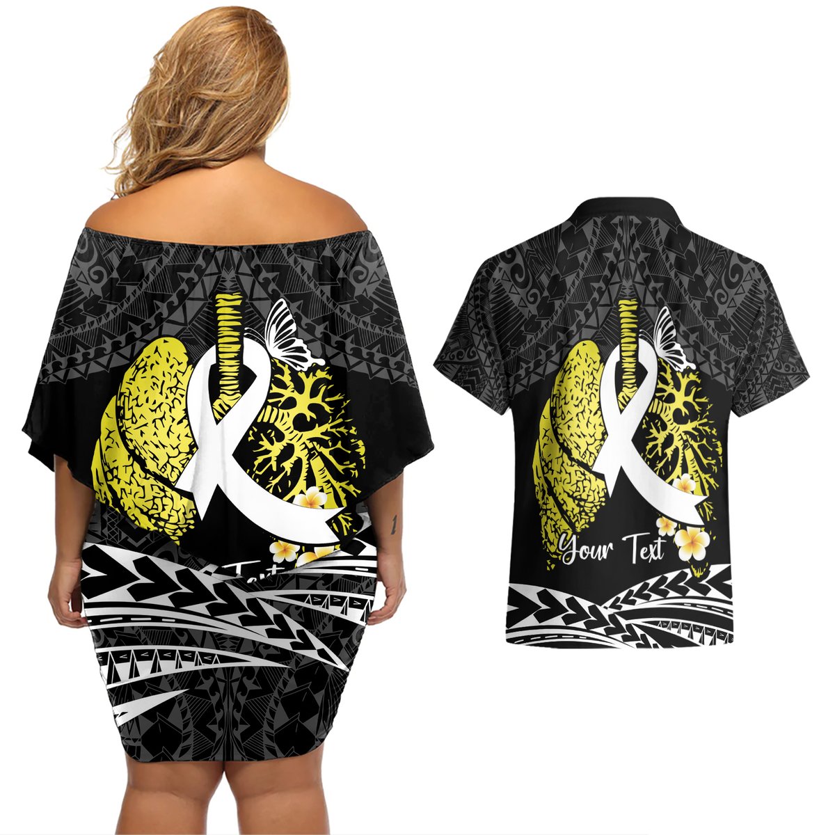 Personalised Polynesia World Lung Cancer Day Couples Matching Off Shoulder Short Dress and Hawaiian Shirt Faith Hope Love LT14 - Polynesian Pride