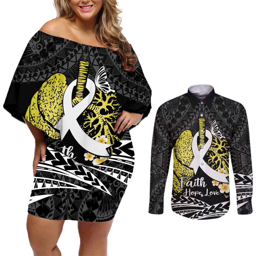 Personalised Polynesia World Lung Cancer Day Couples Matching Off Shoulder Short Dress and Long Sleeve Button Shirt Faith Hope Love LT14 Black - Polynesian Pride
