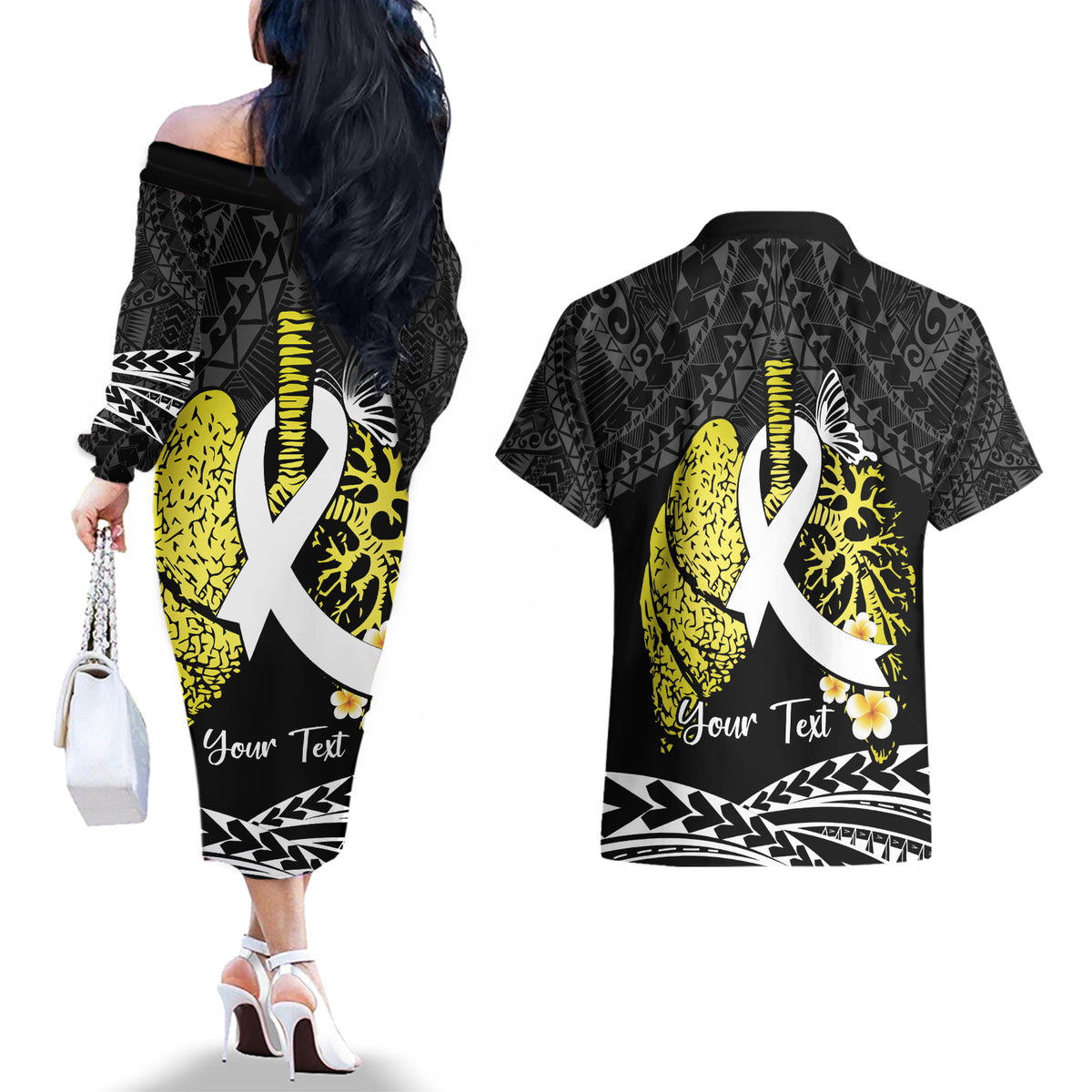 Personalised Polynesia World Lung Cancer Day Couples Matching Off The Shoulder Long Sleeve Dress and Hawaiian Shirt Faith Hope Love