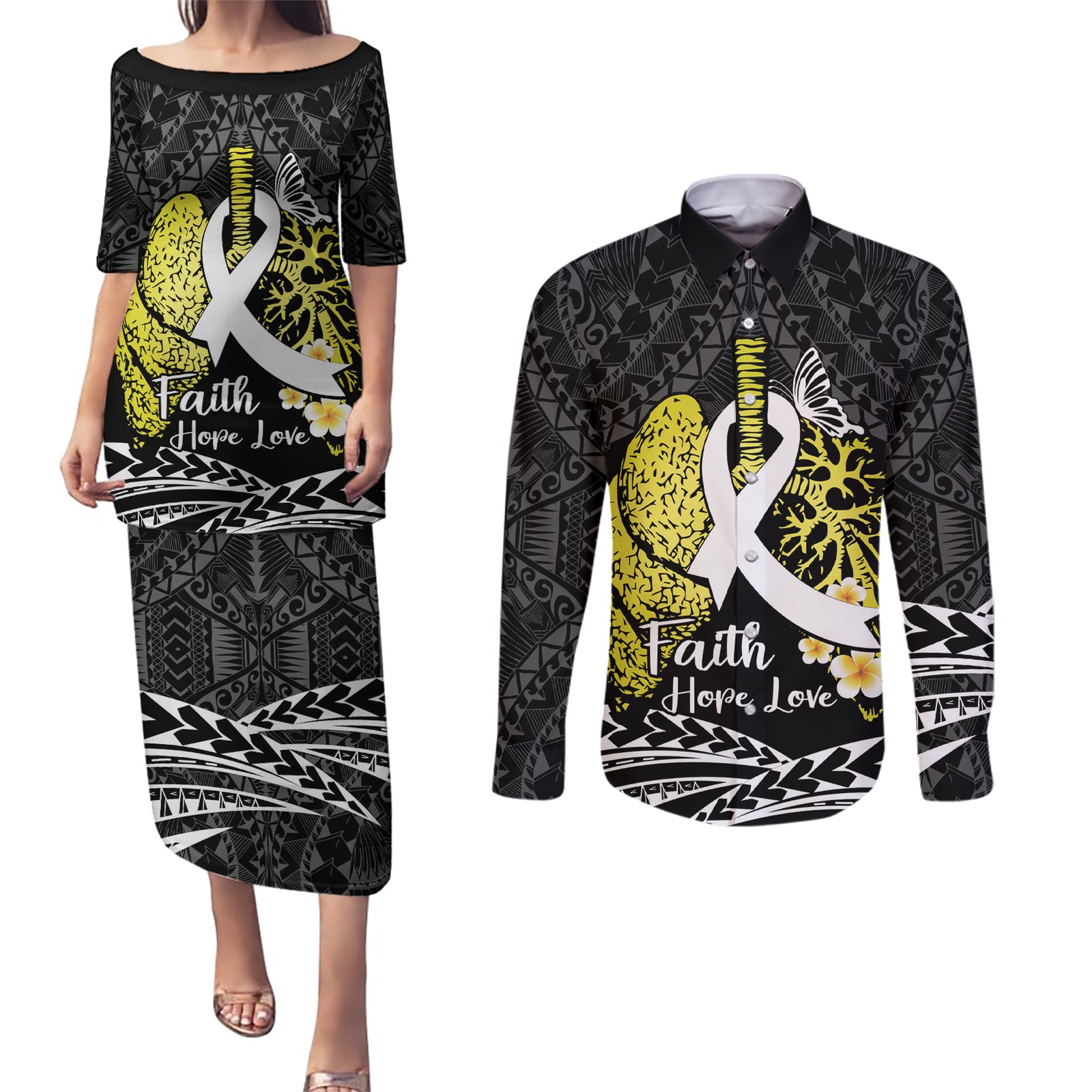 Personalised Polynesia World Lung Cancer Day Couples Matching Puletasi and Long Sleeve Button Shirt Faith Hope Love LT14 Black - Polynesian Pride