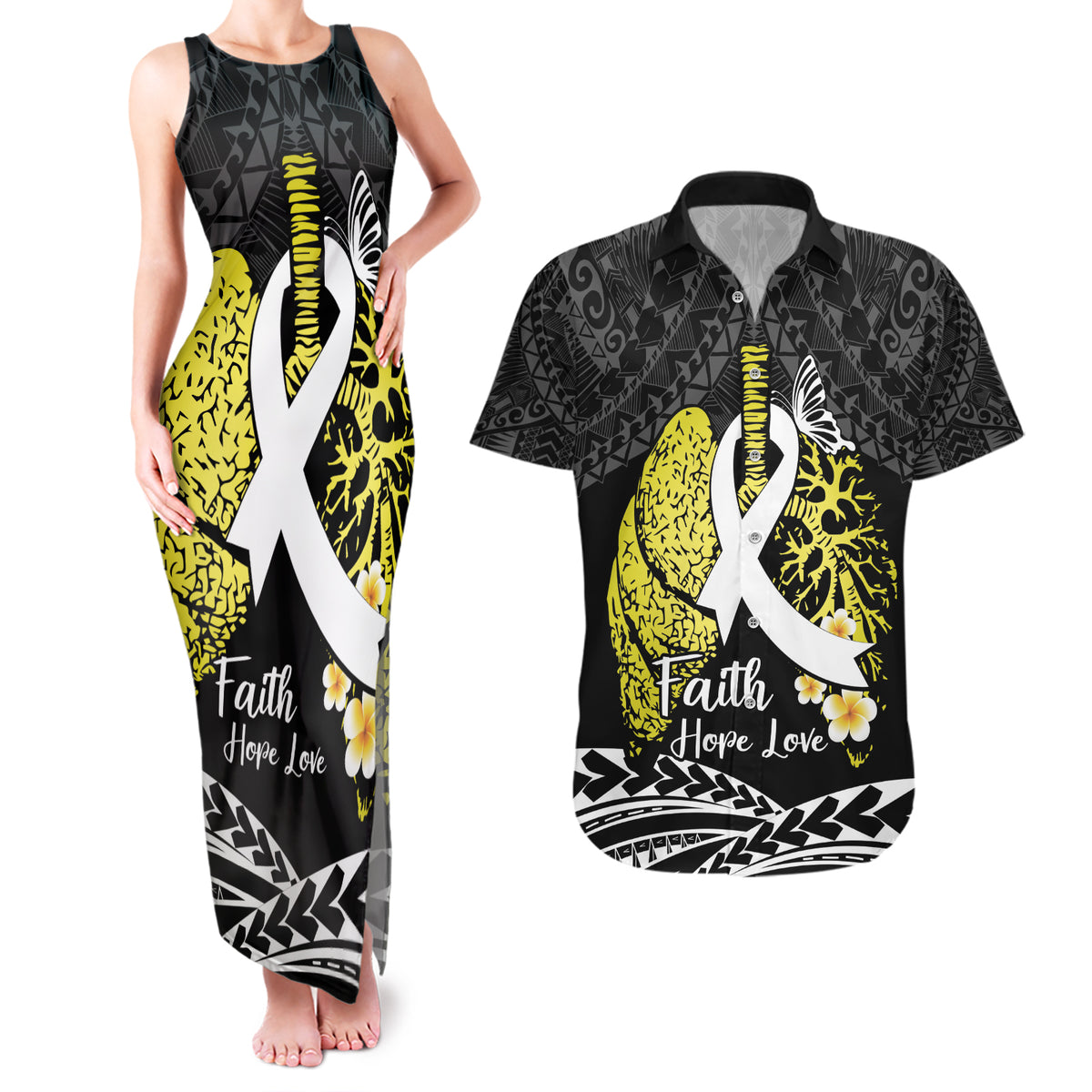 Personalised Polynesia World Lung Cancer Day Couples Matching Tank Maxi Dress and Hawaiian Shirt Faith Hope Love LT14 Black - Polynesian Pride