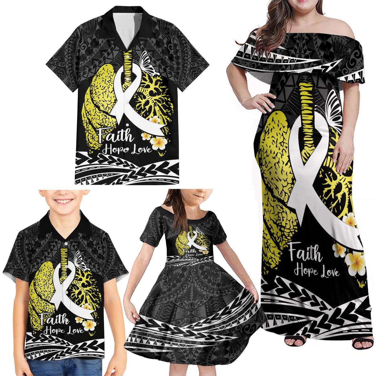 Personalised Polynesia World Lung Cancer Day Family Matching Off Shoulder Maxi Dress and Hawaiian Shirt Faith Hope Love LT14 - Polynesian Pride