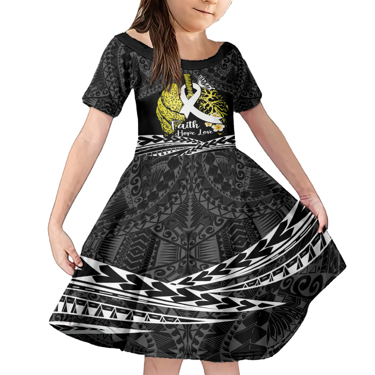 Personalised Polynesia World Lung Cancer Day Family Matching Off Shoulder Short Dress and Hawaiian Shirt Faith Hope Love LT14 Daughter's Dress Black - Polynesian Pride