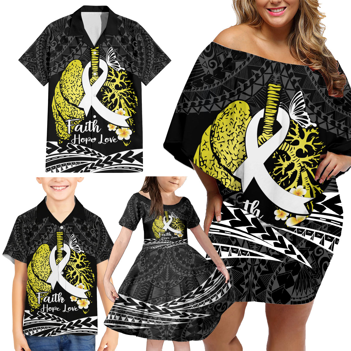 Personalised Polynesia World Lung Cancer Day Family Matching Off Shoulder Short Dress and Hawaiian Shirt Faith Hope Love LT14 - Polynesian Pride