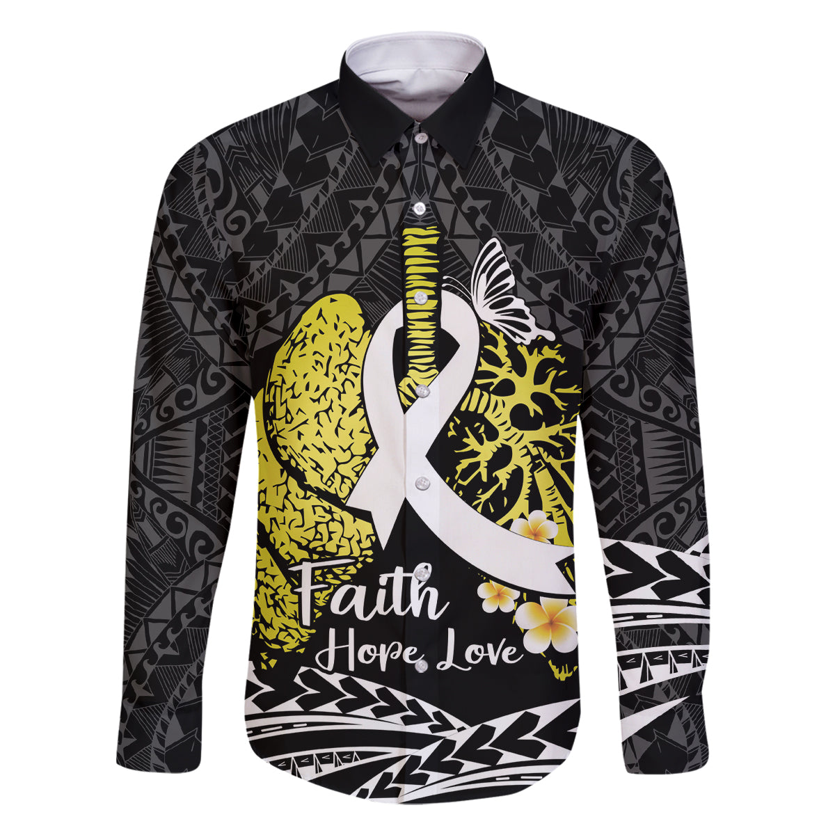 Personalised Polynesia World Lung Cancer Day Family Matching Off Shoulder Short Dress and Hawaiian Shirt Faith Hope Love LT14 Dad's Shirt - Long Sleeve Black - Polynesian Pride