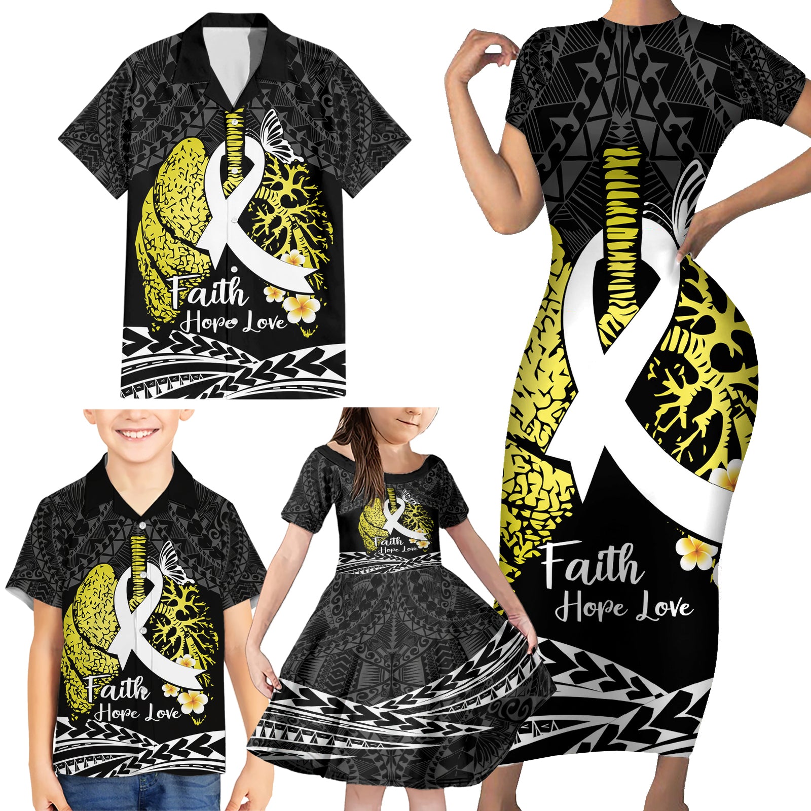 Personalised Polynesia World Lung Cancer Day Family Matching Short Sleeve Bodycon Dress and Hawaiian Shirt Faith Hope Love LT14 - Polynesian Pride