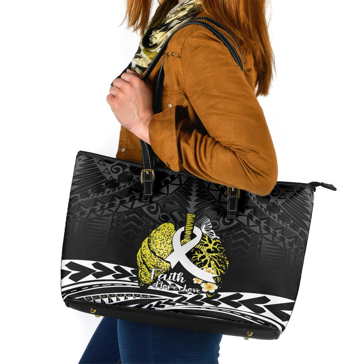 Polynesia World Lung Cancer Day Leather Tote Bag Faith Hope Love LT14 Black - Polynesian Pride