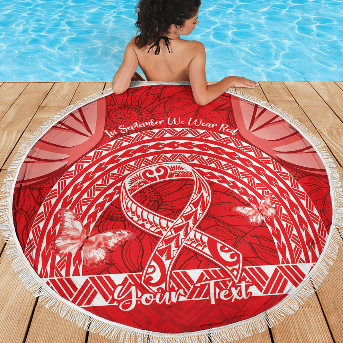 Personalised In September We Wear Red Beach Blanket Polynesia Blood Cancer Awareness