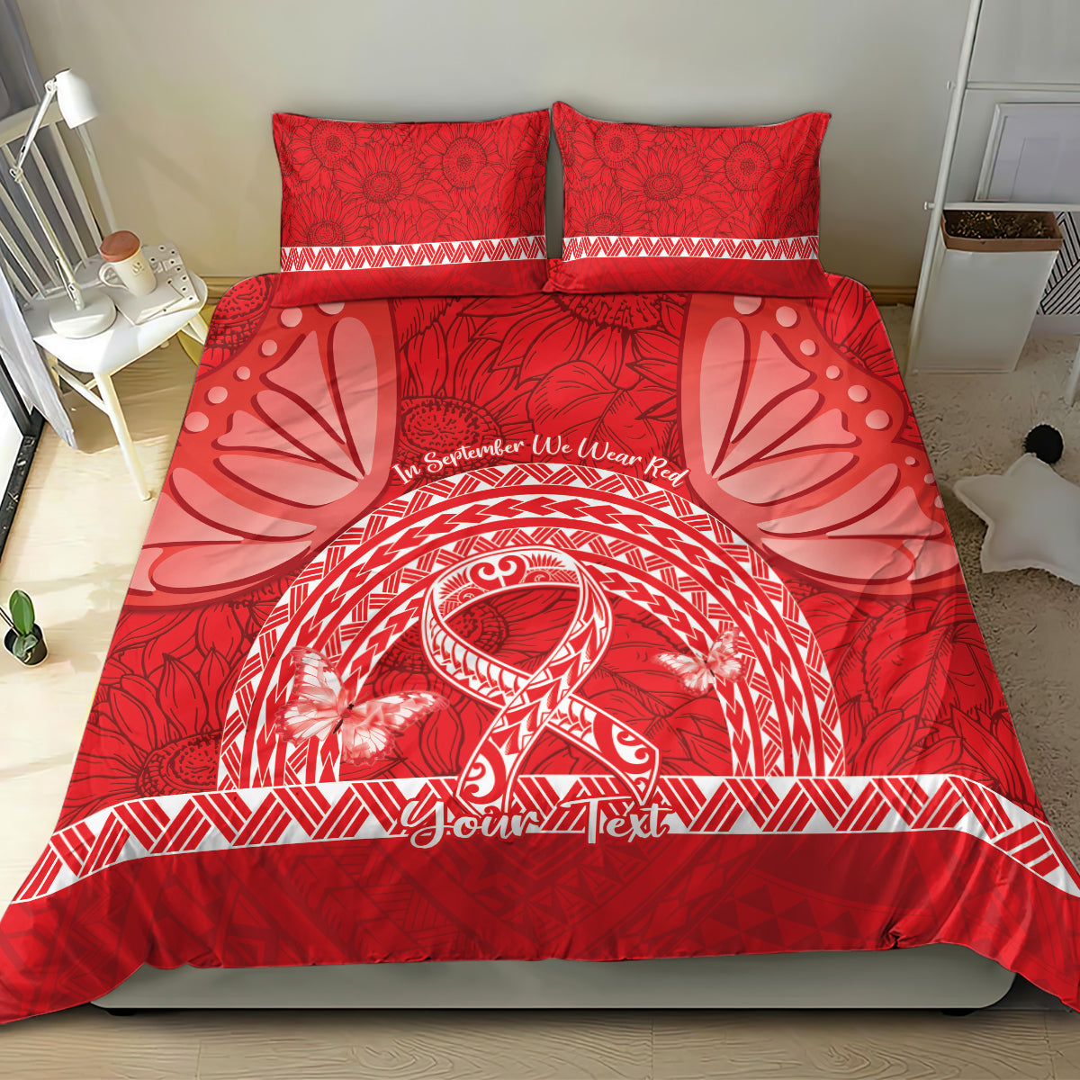 Personalised In September We Wear Red Bedding Set Polynesia Blood Cancer Awareness