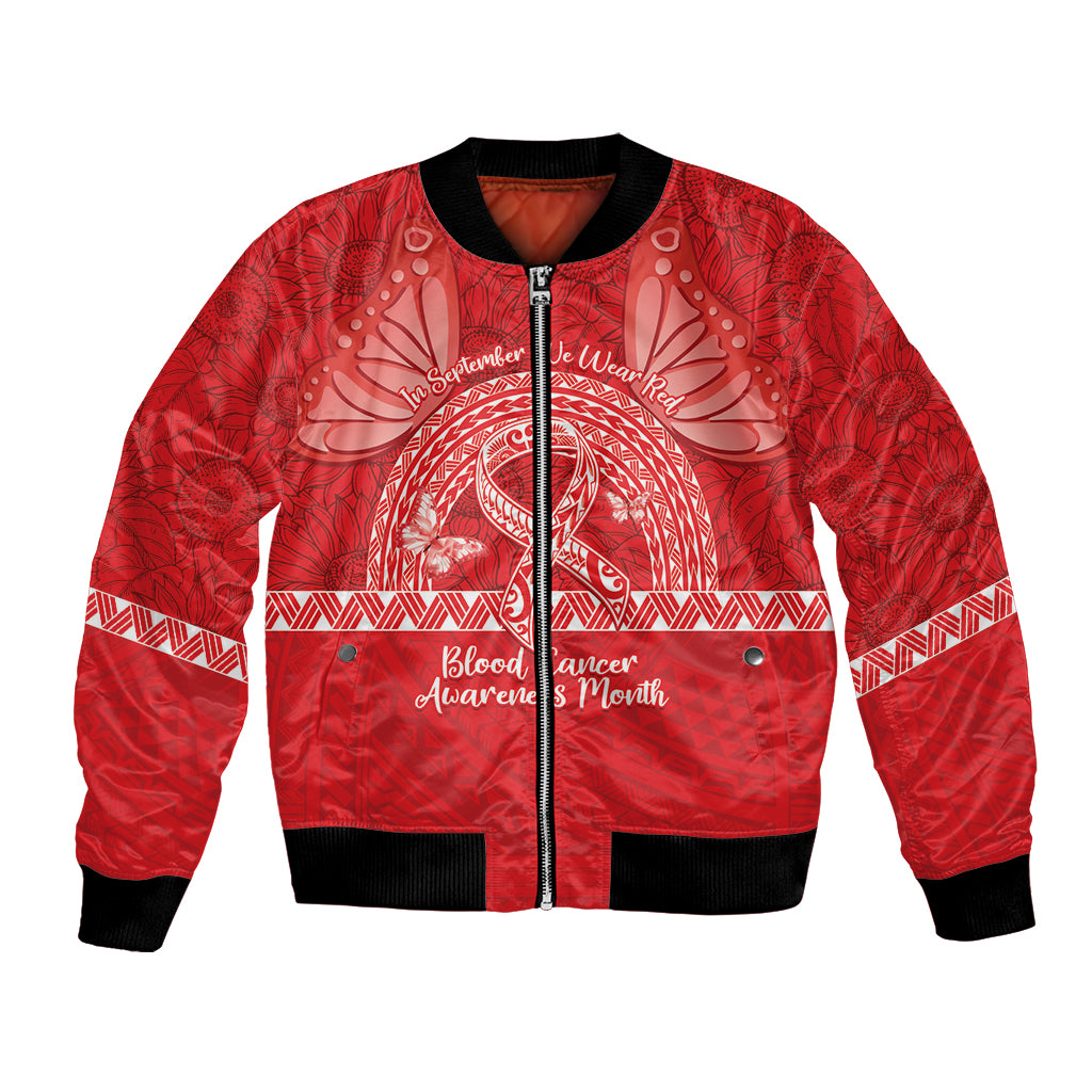 Personalised In September We Wear Red Bomber Jacket Polynesia Blood Cancer Awareness