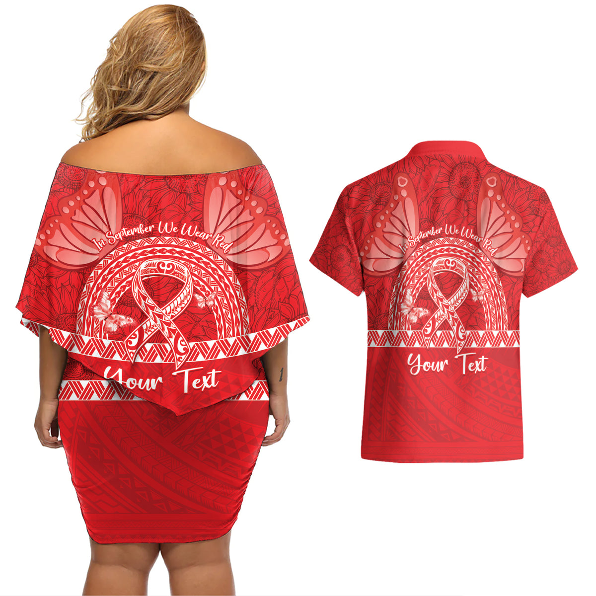 Personalised In September We Wear Red Couples Matching Off Shoulder Short Dress and Hawaiian Shirt Polynesia Blood Cancer Awareness