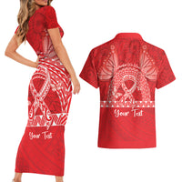 Personalised In September We Wear Red Couples Matching Short Sleeve Bodycon Dress and Hawaiian Shirt Polynesia Blood Cancer Awareness