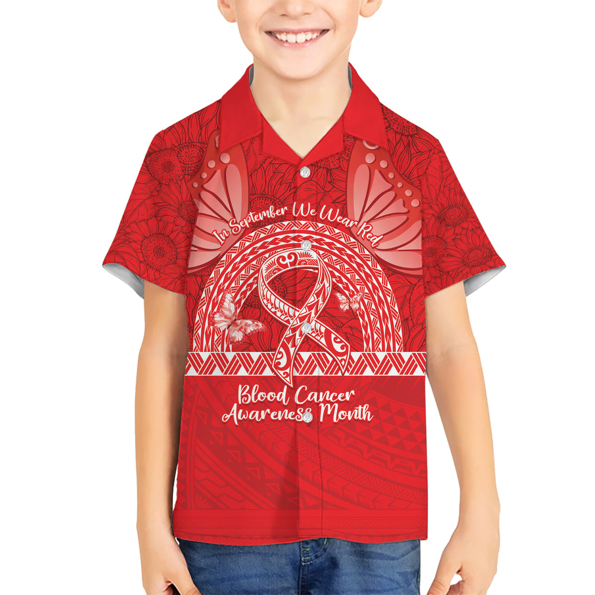 Personalised In September We Wear Red Hawaiian Shirt Polynesia Blood Cancer Awareness