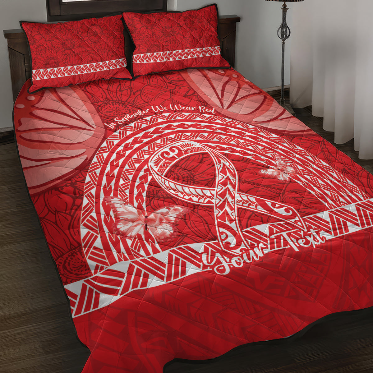 Personalised In September We Wear Red Quilt Bed Set Polynesia Blood Cancer Awareness