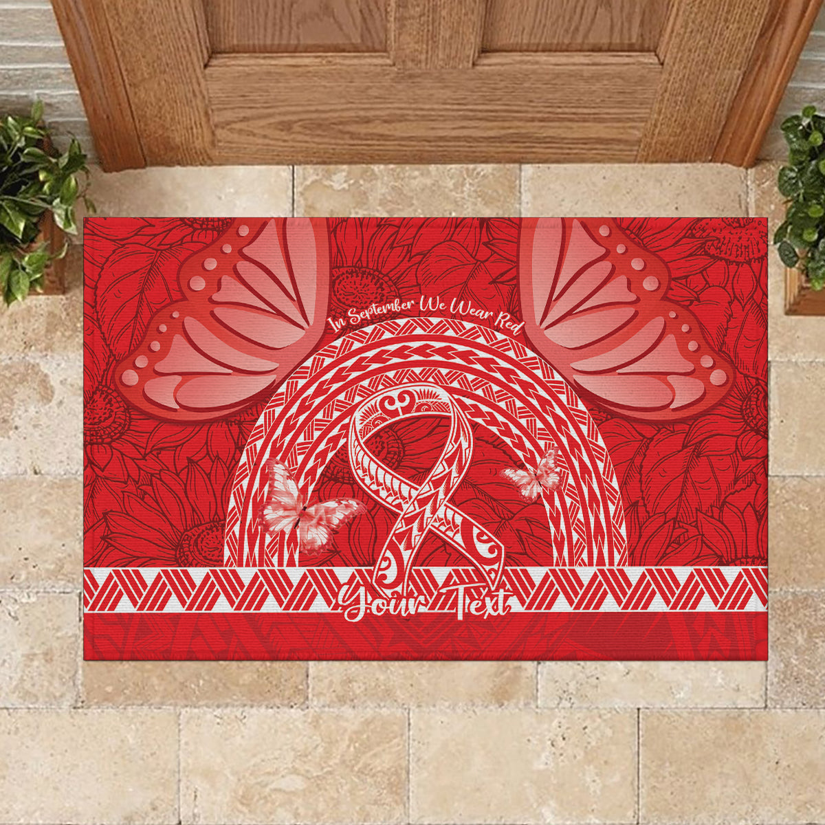 Personalised In September We Wear Red Rubber Doormat Polynesia Blood Cancer Awareness